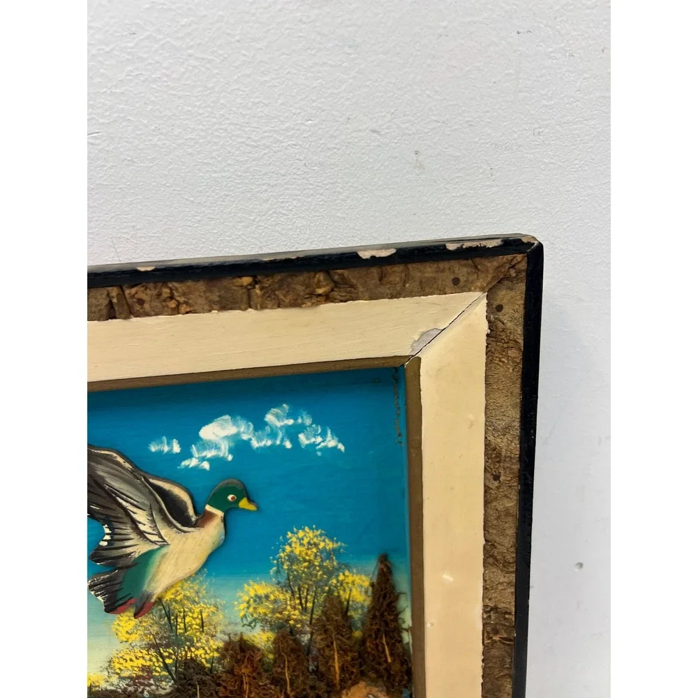 Vintage Mixed Media Shadowbox Art Ducks Flying Mallard Lake Scene Cabin Decor